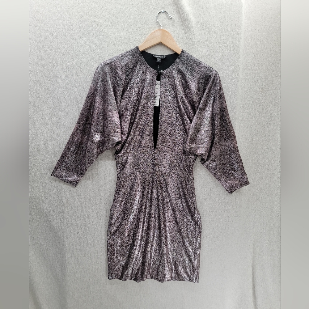 NWT BEBE Metallic Key Hole Deep V-neck Puff sleeve Party $129 Silver Dress Sz-XS